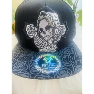 Top Level Black Snapback Hat with Skull and Roses Embroidery Unisex
